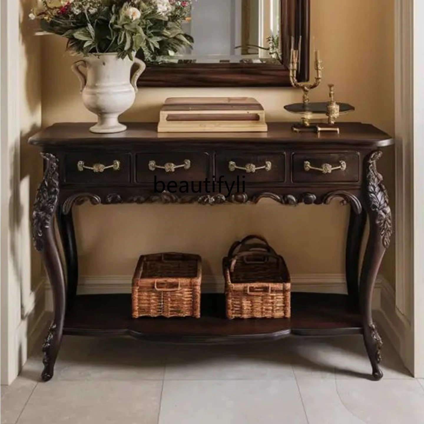 

Retro light picking solid wood carving flower porch cabinet home living room decorative cabinet locker multi-drawer birch