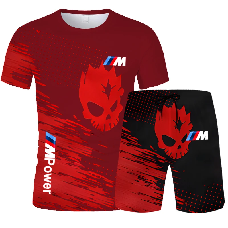 2025 BMW Men's T-Shirt Set Color Printed Monogrammed Shorts Sports Set 2 Piece Summer BMW Men's Clothing Fashion Streetwear