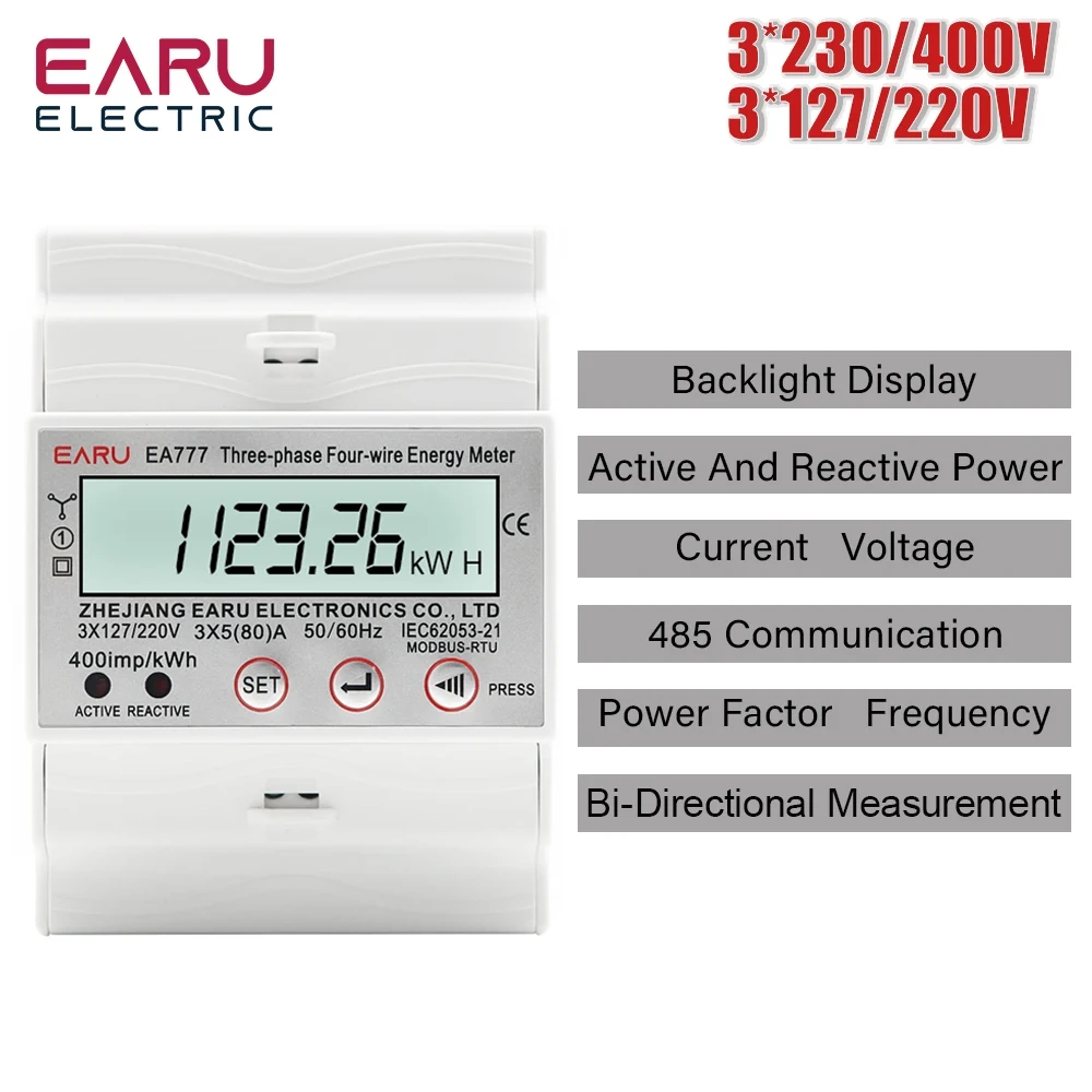Medidor Bilateral da Energia com Exposição Multifunction do Lcd Uso da Eletricidade Trilho do Ruído ca 3×230 v 400v Fios 80a 4p Fase 3