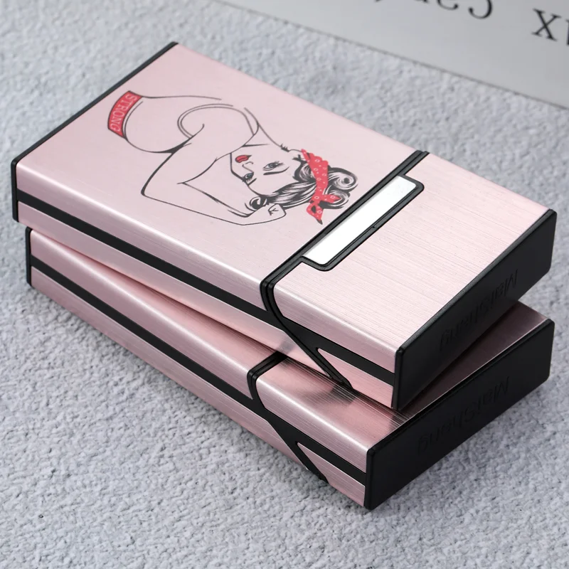 20 Sticks 100mm Rose Gold Aluminum Alloy Women\'s Cigarette Box Custom Photo LOGO Slim Cigarette Case Gift Sexy Anime Animation