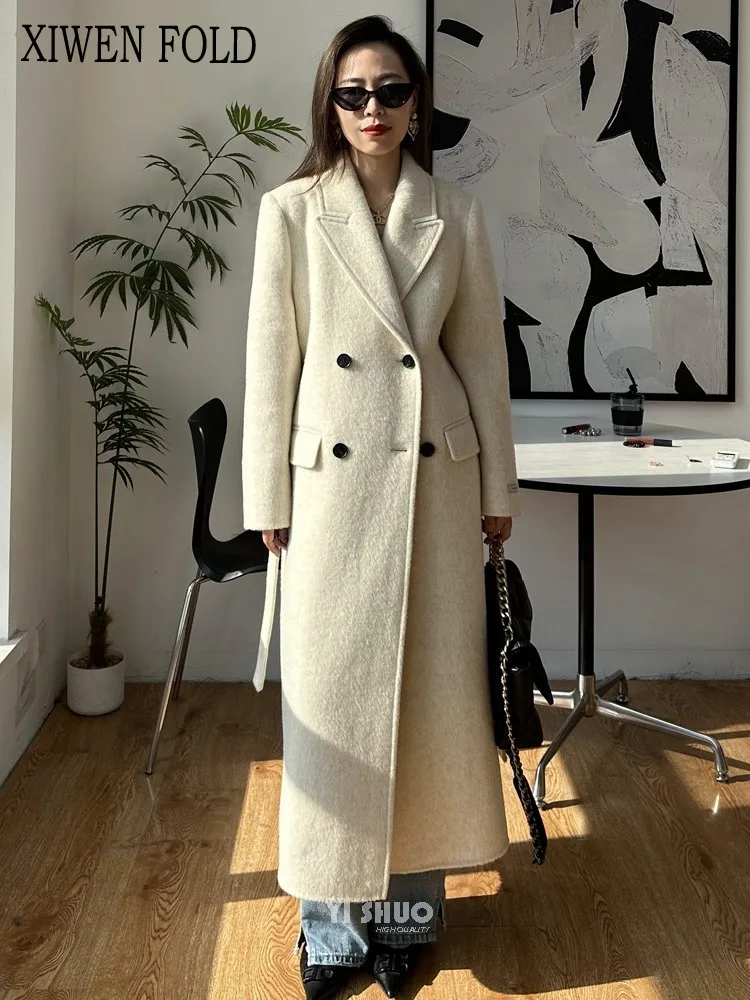 

XIWEN-Women's Monochromatic Double-breasted Bandage, Elegant Patchwork, Chic Design, Woolen Coat, High Quality New Summer XF1967