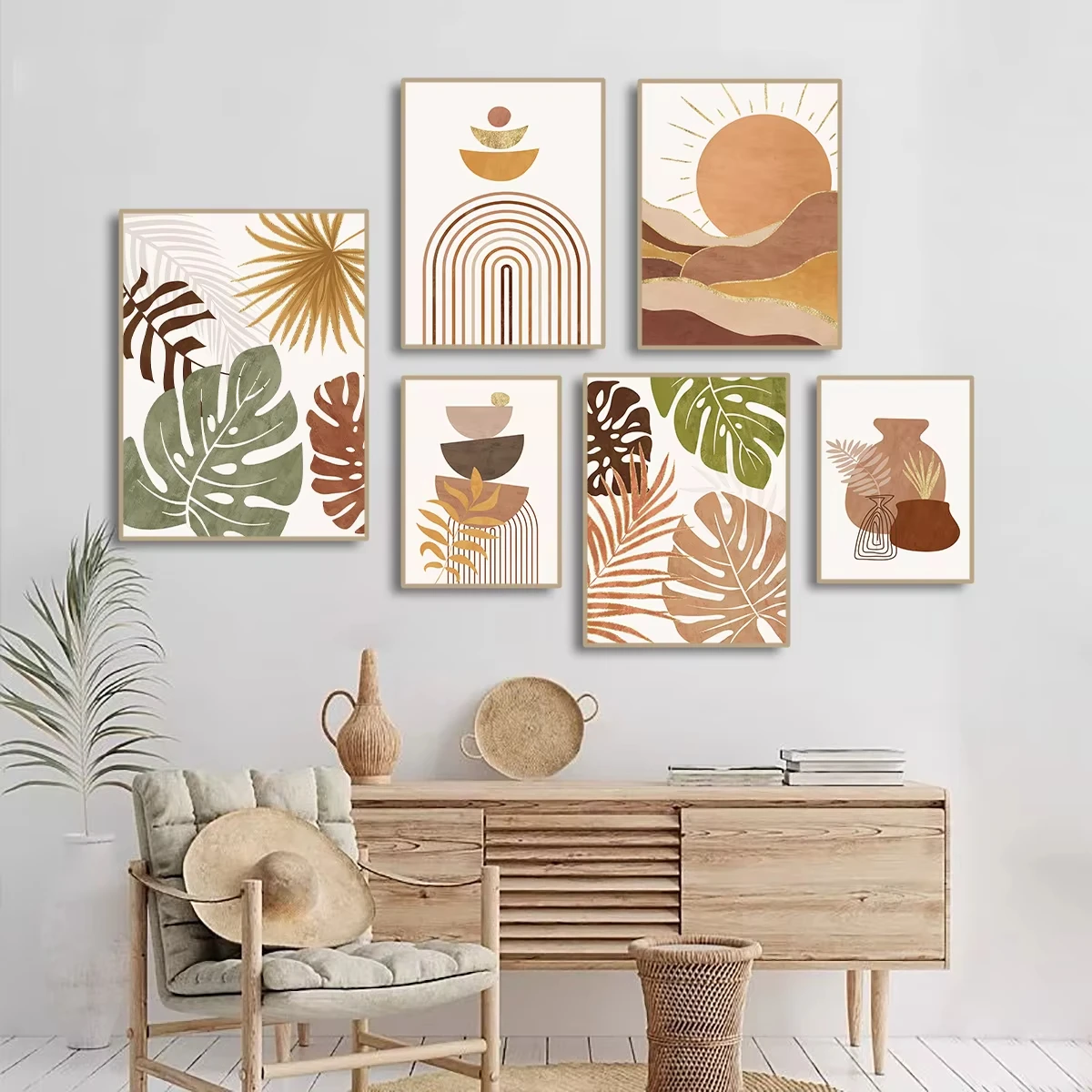 Boho Abstrakte Ästhetische Leinwandmalerei Geometrische Linien Wandkunst Blätter Wüste Flaschen Poster Drucke Heimdekoration Wandbild