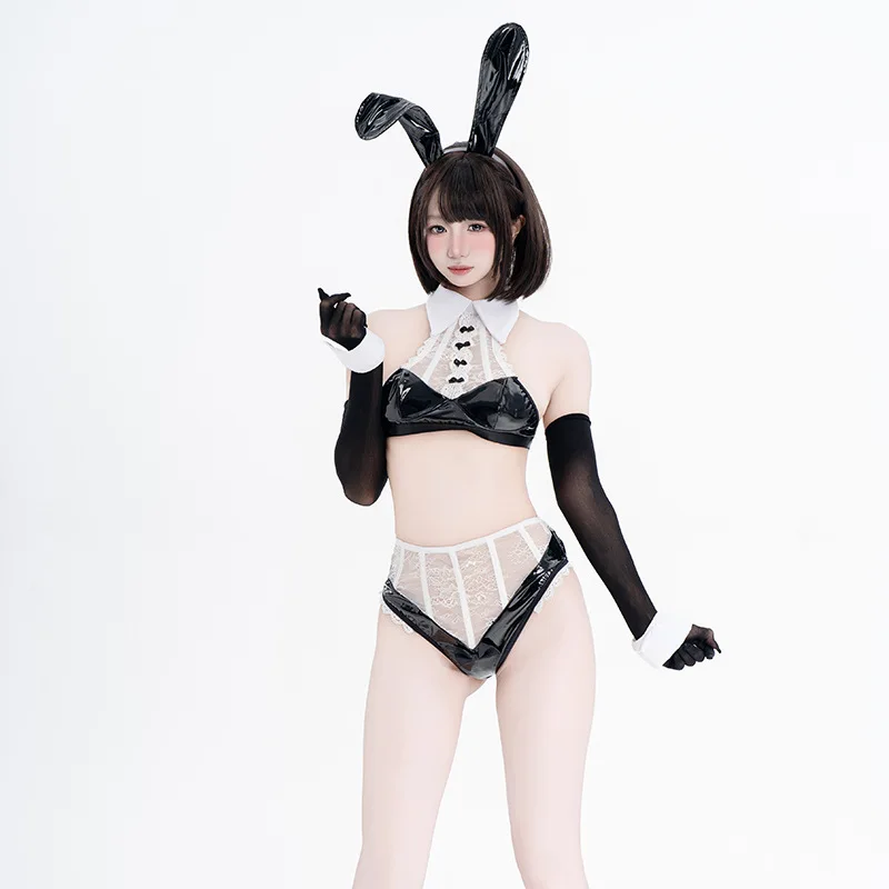 Punk Lolita Girls Rabbit Maid Uniform Cafe House Cosplay Lace Halter Leather Bikini Cute Bunny Lingerie Underwear Set Dropship