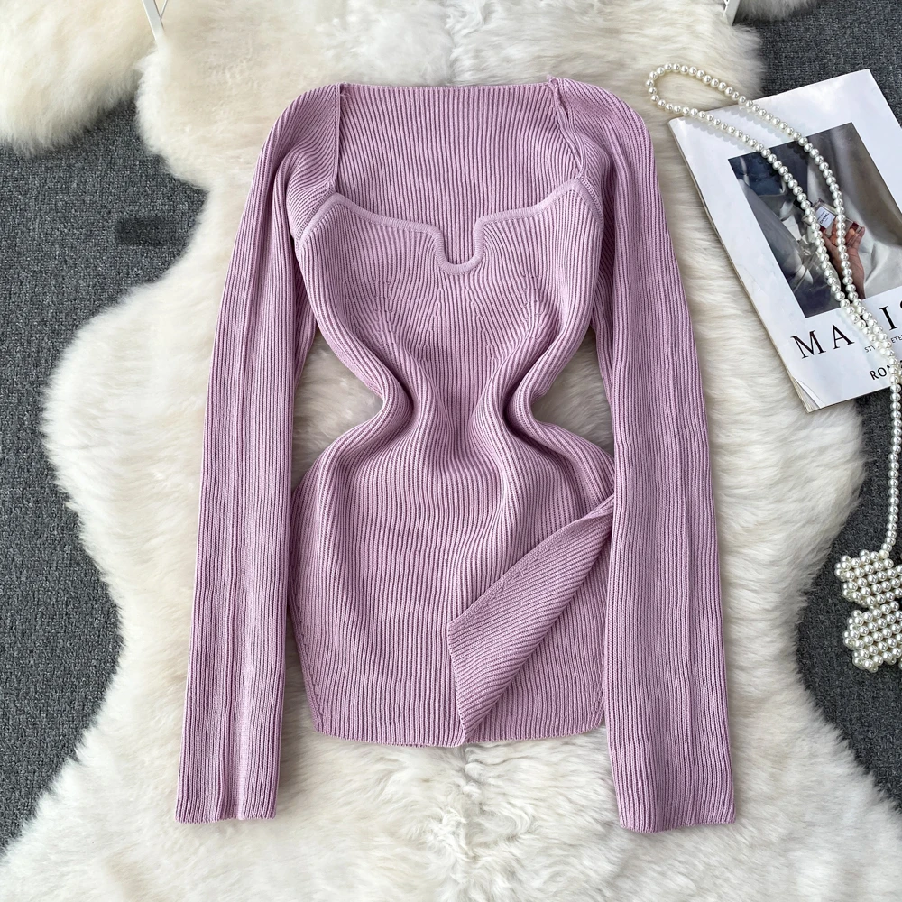 

Autumn New Women Fashion Sqaure Collar Long Sleeve Knitted Pullover Solid Color Female Multi Color Elastic Pullover Tops Sweater