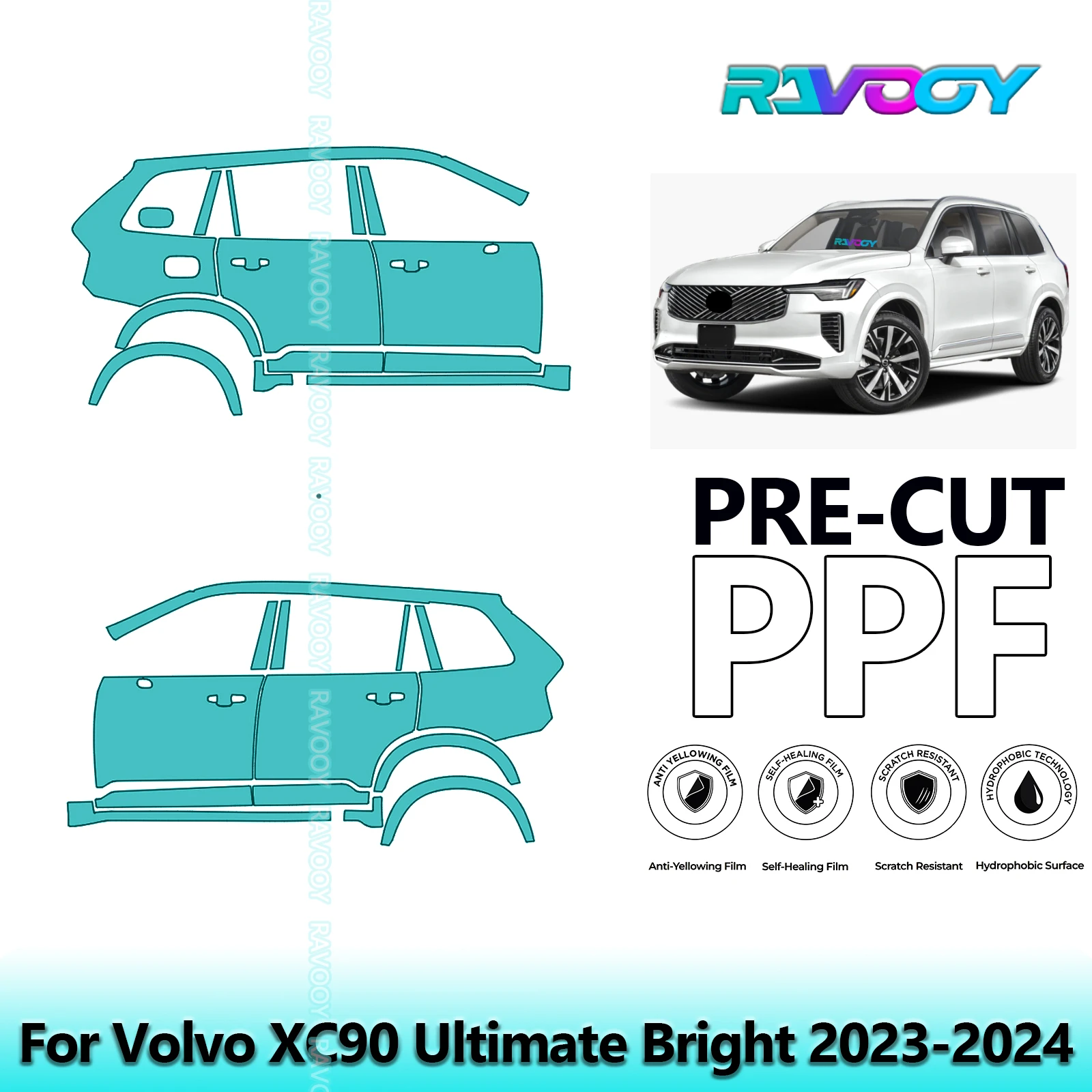 

Для Volvo XC90 Ultimate Bright 2023-2024 8,5 мил прозрачный матовый комплект предварительно вырезанных дверей PPF и стойки A/B, комплект защитной пленки для краски из ТПУ