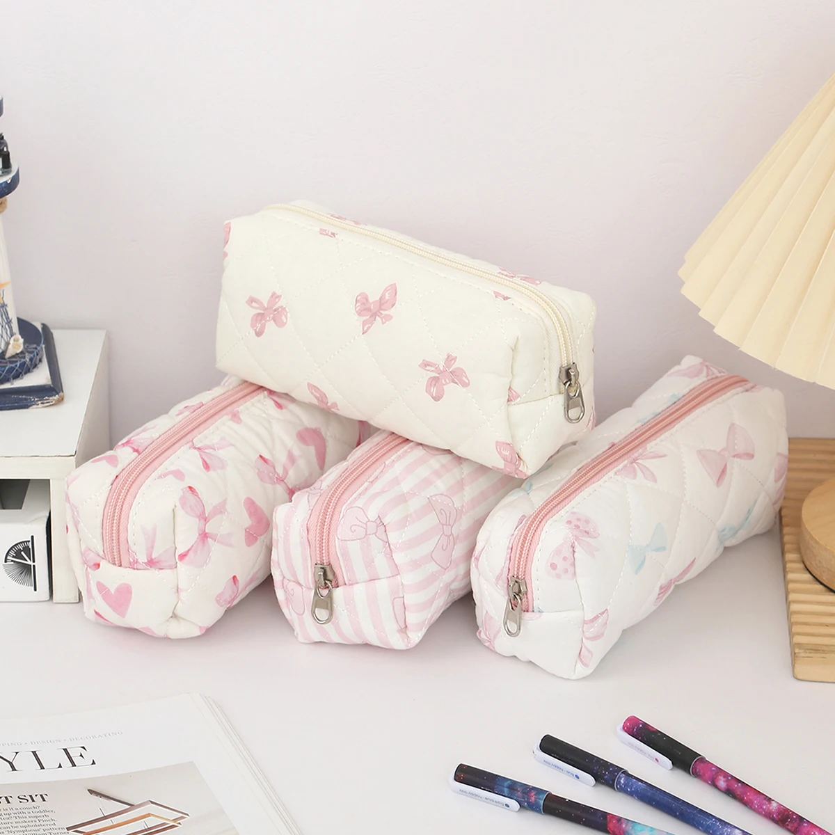 Cute Floral Bowknot Quilted Pencil Pouch, Large Capacity Single Layer Stationery Storage Bag Back to School Must Have