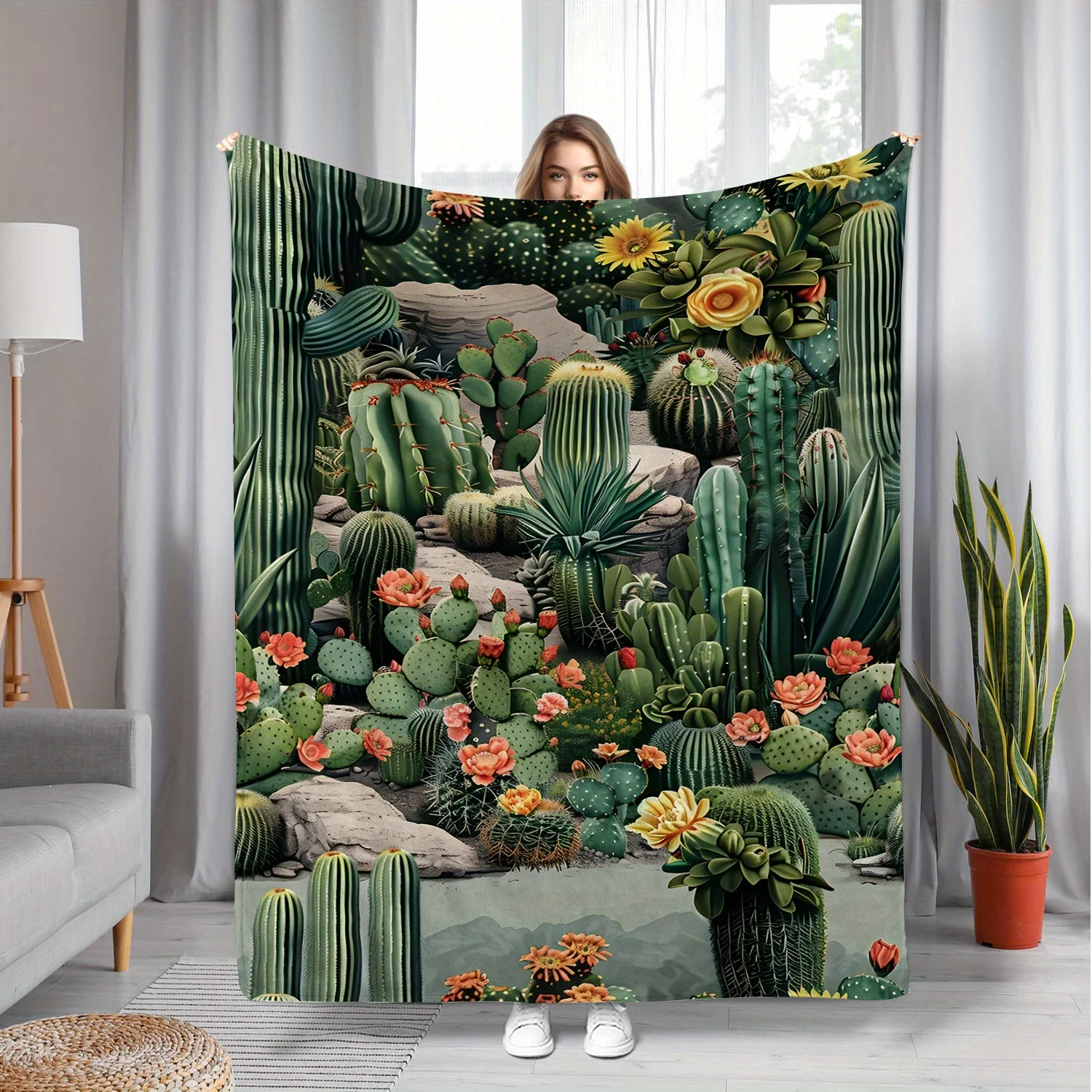 Warm and Cozy Cactus Floral Print Flannel Fleece Blanket Comfort for Home, Office Nap, and Camping, Digital Printing