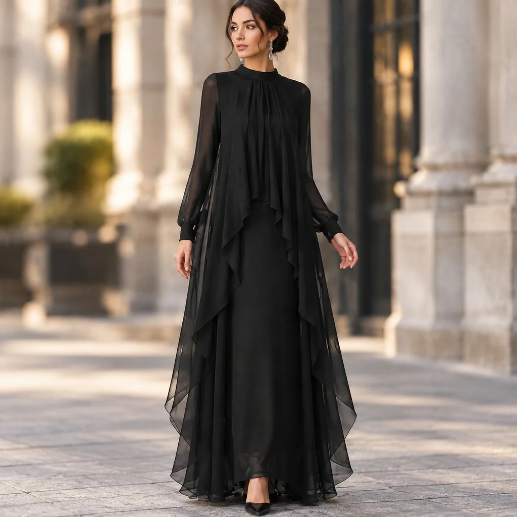 Long Sleeve Ruffle Gown Maxi Length Urban Street with Dress for Date a Line Silhouette Streetwear One Dress for Party for Women
