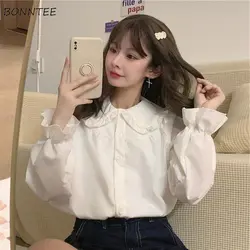 Shirts Women Chic Ruffles Vintage Ins Peter Pan Collar Casual Preppy Style Korean Fashion Autumn Flare Sleeve Mujer Harajuku