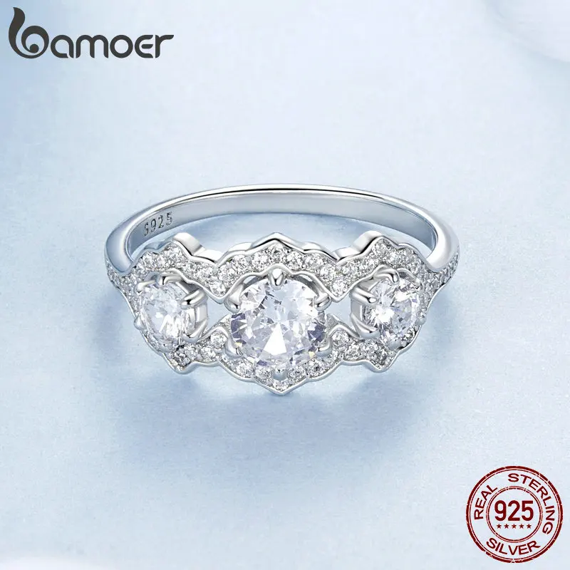 BAMOER 2024 Simulated Diamond Engagement Rings for Women, Gold Plated 925 Sterling Silver Cubic Zirconia Wedding Eternity Ring