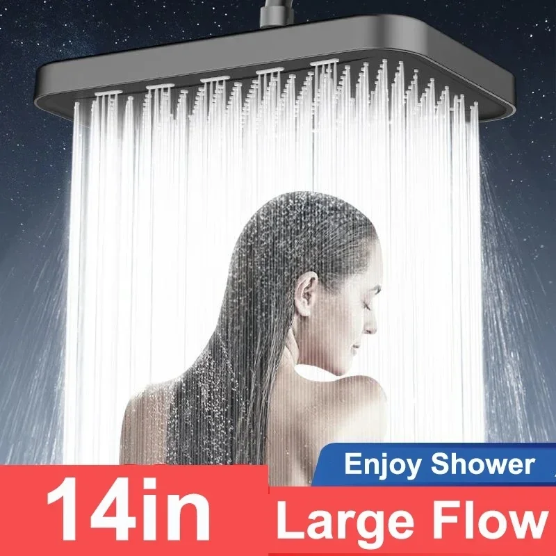 

14 Inches Big Panel Large Flow Ceiling Mounted Supercharge Shower Head Set 3 Modes High Pressure Abs Rainfall Bathroom Shower