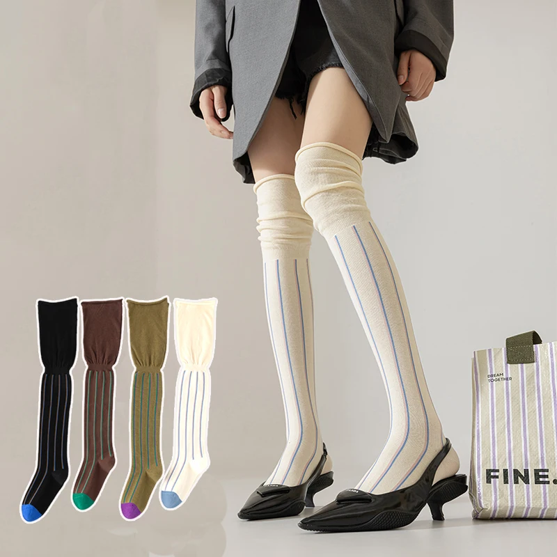 Autumn/Winter Women\'s socks With Thigh High Socks Vertical Stripes Loose Mouth Fashionable Ins Pure Cotton Knee Length Stockings