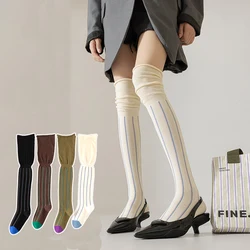 Calcetines altos hasta el muslo de algodón puro para mujer, medias hasta la rodilla, rayas verticales, boca suelta, moda Ins, Otoño e Invierno