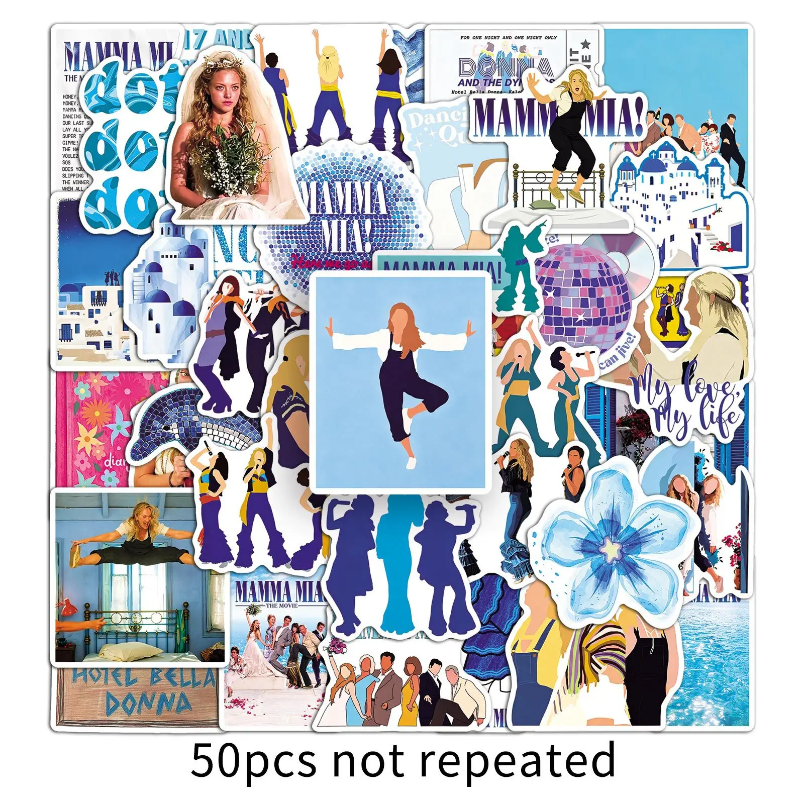 50PCS Mamma Musical Stickers Dancing Queen Greece Travel Blue Ocean Santorini Decor For Laptop Water Bottle Luggage Scrapbook ﻿