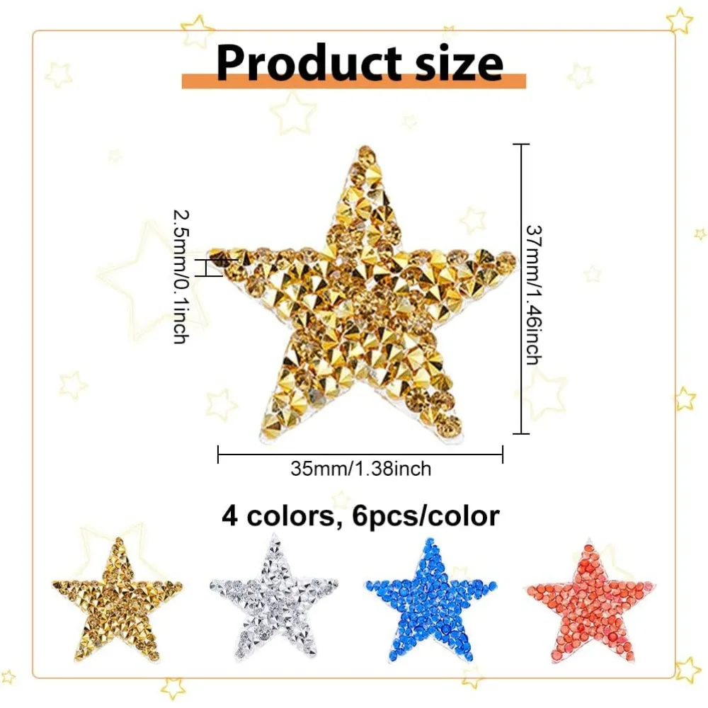 24PCS Star Iron On Rhinestone Appliques (Gold Silver Red Blue 1.4x1.4 inch) Bling Glass Rhinestone Patches Star Glitter Repair