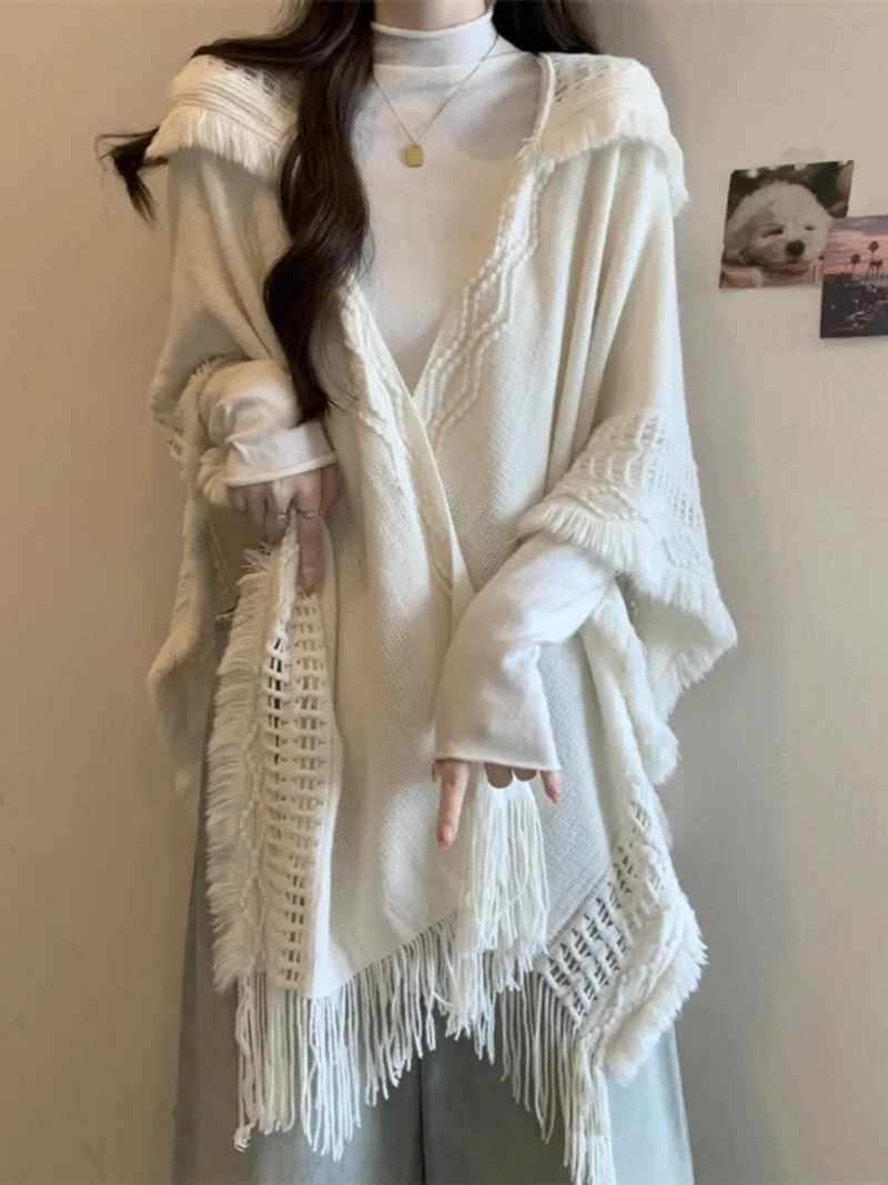 

MiiiiX Bohemian Mid-length Tassel Hooded Cape Shawl Women's Cardigan Loose Hollow Design Sweater Jacket Autumn Female Clothes