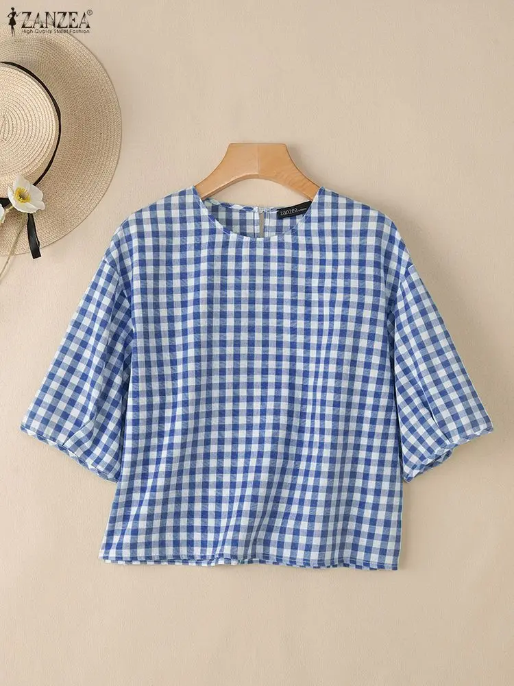 

2025 ZANZEA Summer Plaid Shirt Women Tops Elegant Short Puff Sleeve Blouse Casual O Neck Loose Work Blusas Mujer Female Chemise