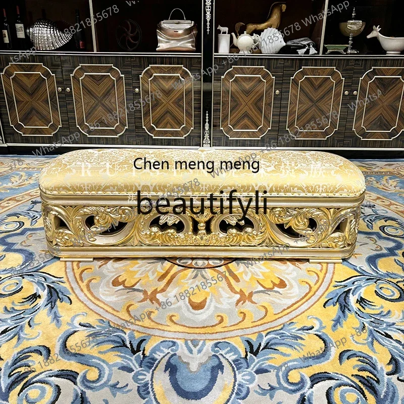 

French style end stool, European style carved beauty tread embroidered cloth lazy chair bedroom champagne6220