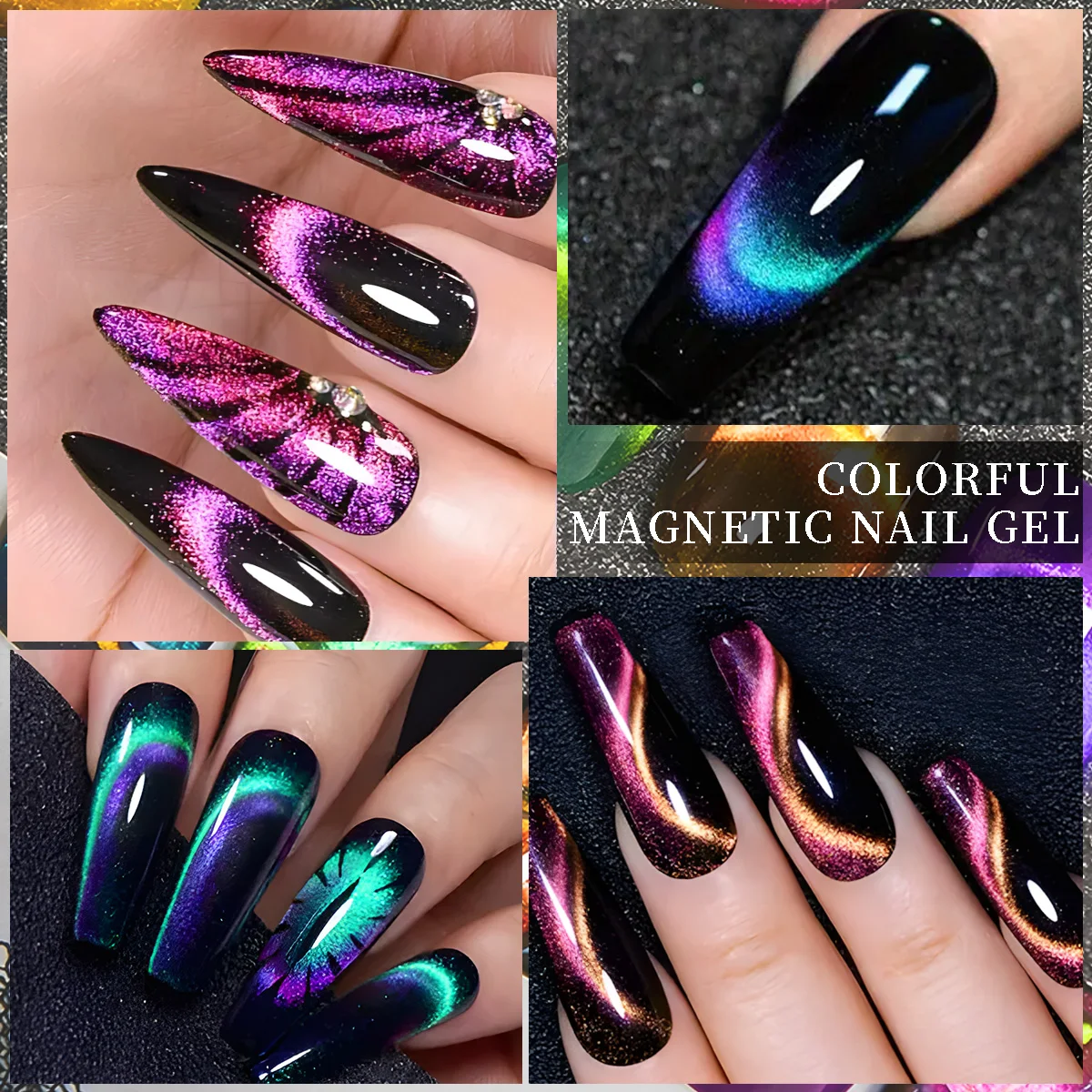 VOKY 7 STKS Dubbele Kleur Cat Eye Gel Nagellak Set, 6 kleuren UV-gel + zwarte basisgel + magnetische stick, en DIY nail art