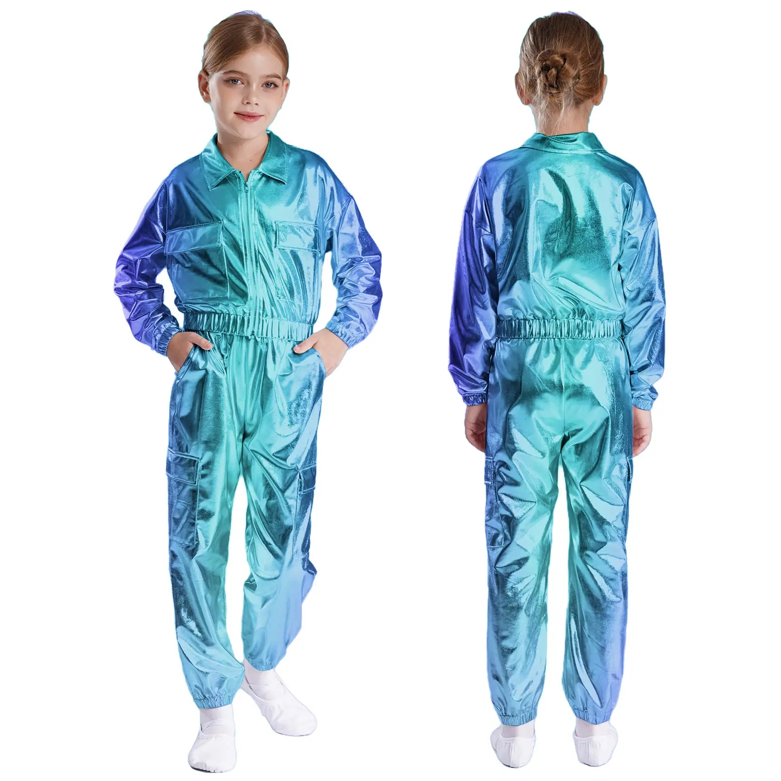 Kinder Jungen Mädchen Jazz Hip-Hop Street Dance Performance Kostüm Metallisch glänzend Langarm Sportjacke Mantel mit Hosen Outfits – Detail 8