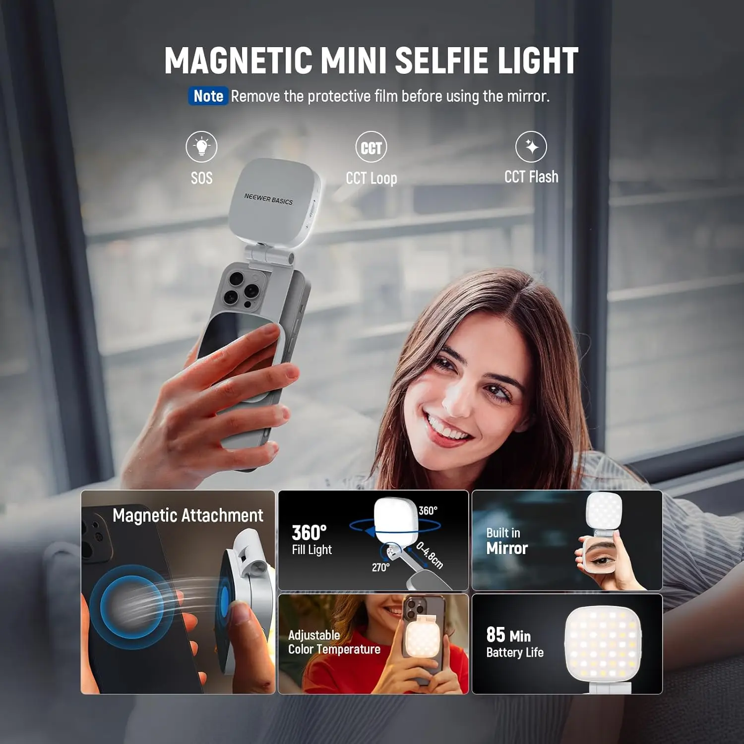NEEWER Basics Magnetisches Selfie-Licht, 2 W, CRI95+, zweifarbig, schwenkbar, kleine LED-Telefon-Füllbeleuchtung für MagSafe iPhone – Detail 2