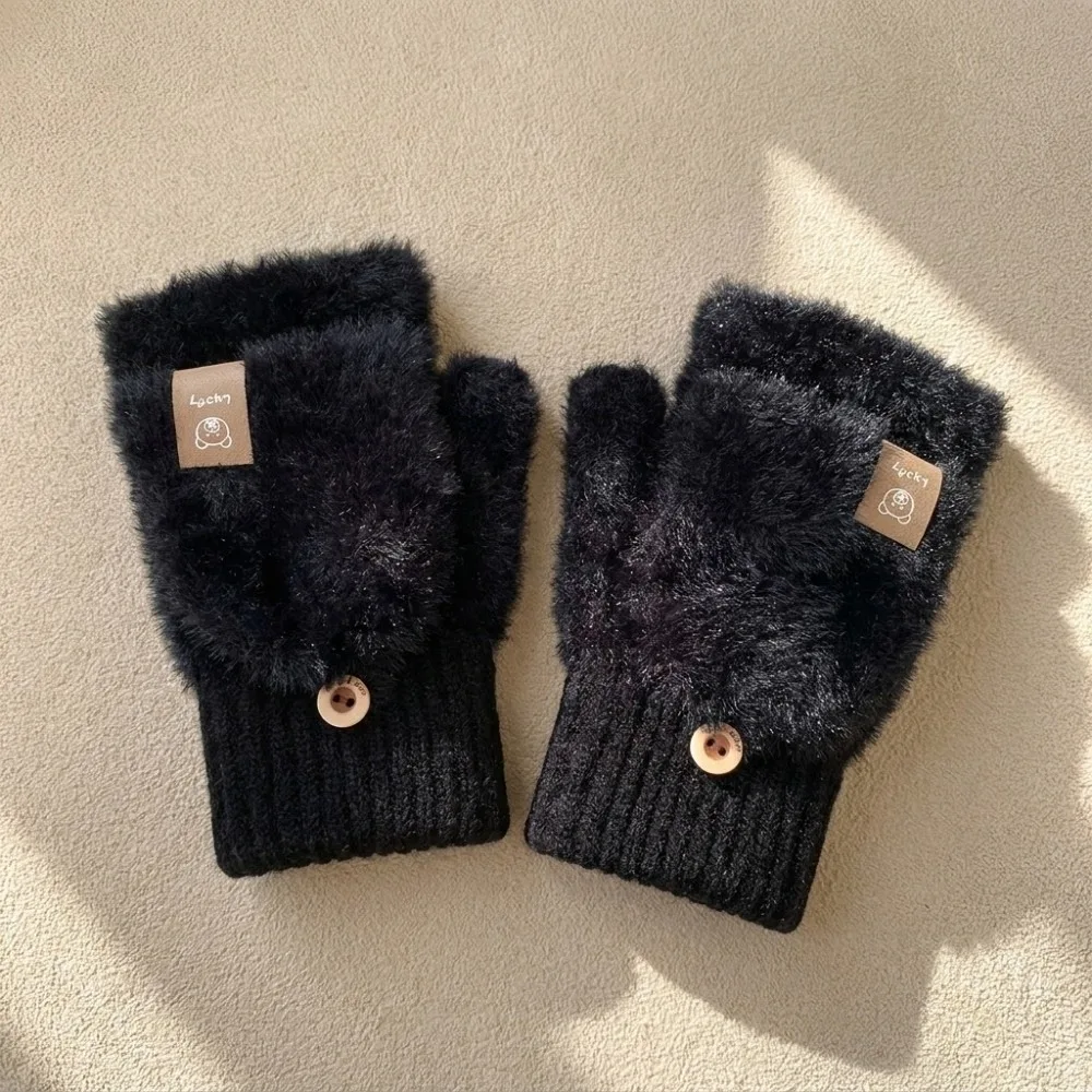 Thermal Soft Plush Flip Cover Gloves Touch Screen Fuzzy Half Finger Gloves Cartoon Bear Convertible Mittens Women
