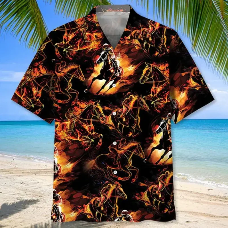 

3D Print Cowboys Horse Racing Pattern Aloha Hawaiian Shirts For Men Summer Short Sleeve Lapel Button Beach Shirt Men's Tee Shirt