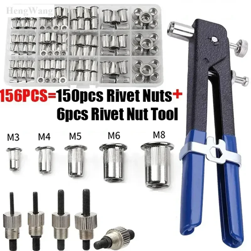 Stainless Steel Rivet Nut Kit M3 M4 M5 M6 M8 + Rivet Nut Gun + Crimp Plier + 5 Flathead Screws Repair Tool