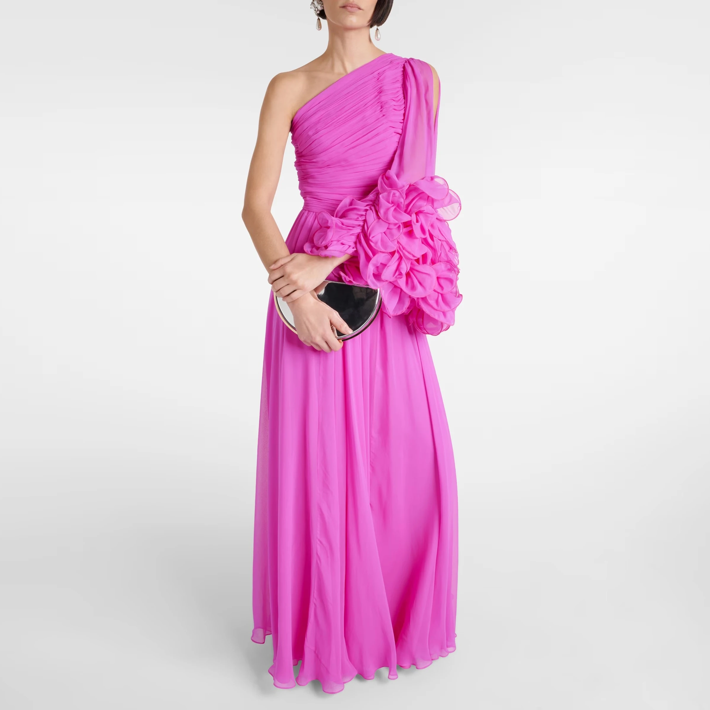 Charming Fuchsia One Shoulder Chiffon Long Dress Hot Pink Ruffled Flowers Formal Occasion Dresses Women Evening Gown Event Dress