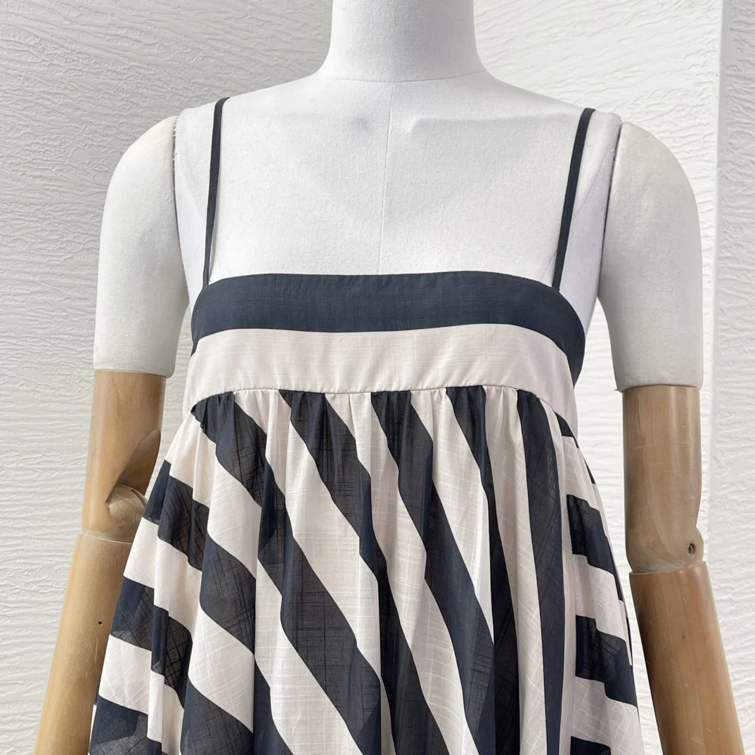 2025 신상 패션 레이스 패치워크 빈티지 민소매 미니 여성 드레스 스트라이프 슬링 스퀘어 칼라