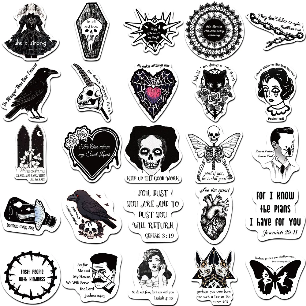 10/30/50 Stuks Zwart-wit Gothic Bijbel Stickers Sticker Voor Snowboard Laptop Bagage Auto Koelkast DIY Styling Vinyl Home Decor