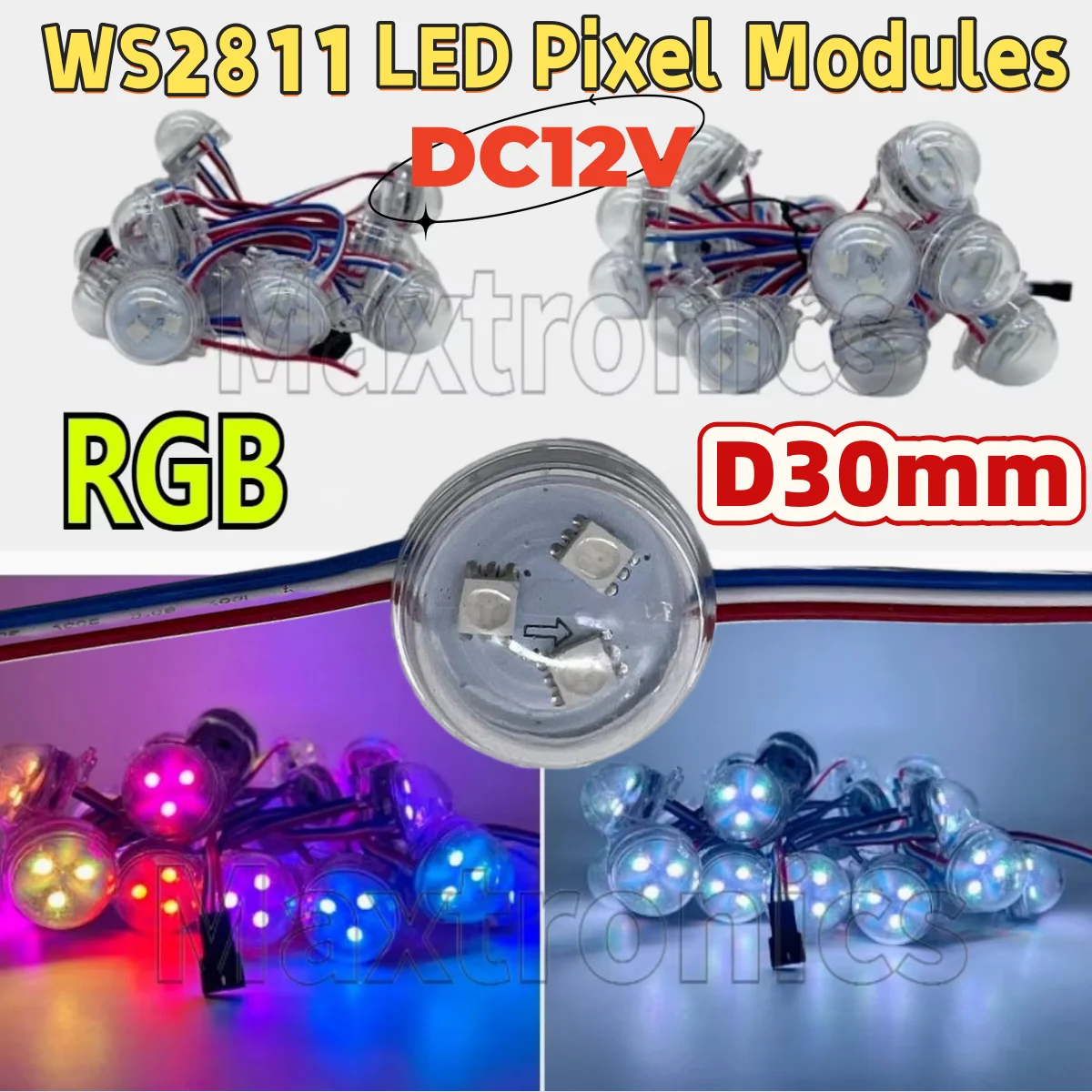 WS2811 Guscio trasparente D30mm Moduli pixel LED diffusi DC12V 3 LED 5050 RGB LED String Light IP68 0,72 W/PCS Colore pieno 200 pezzi