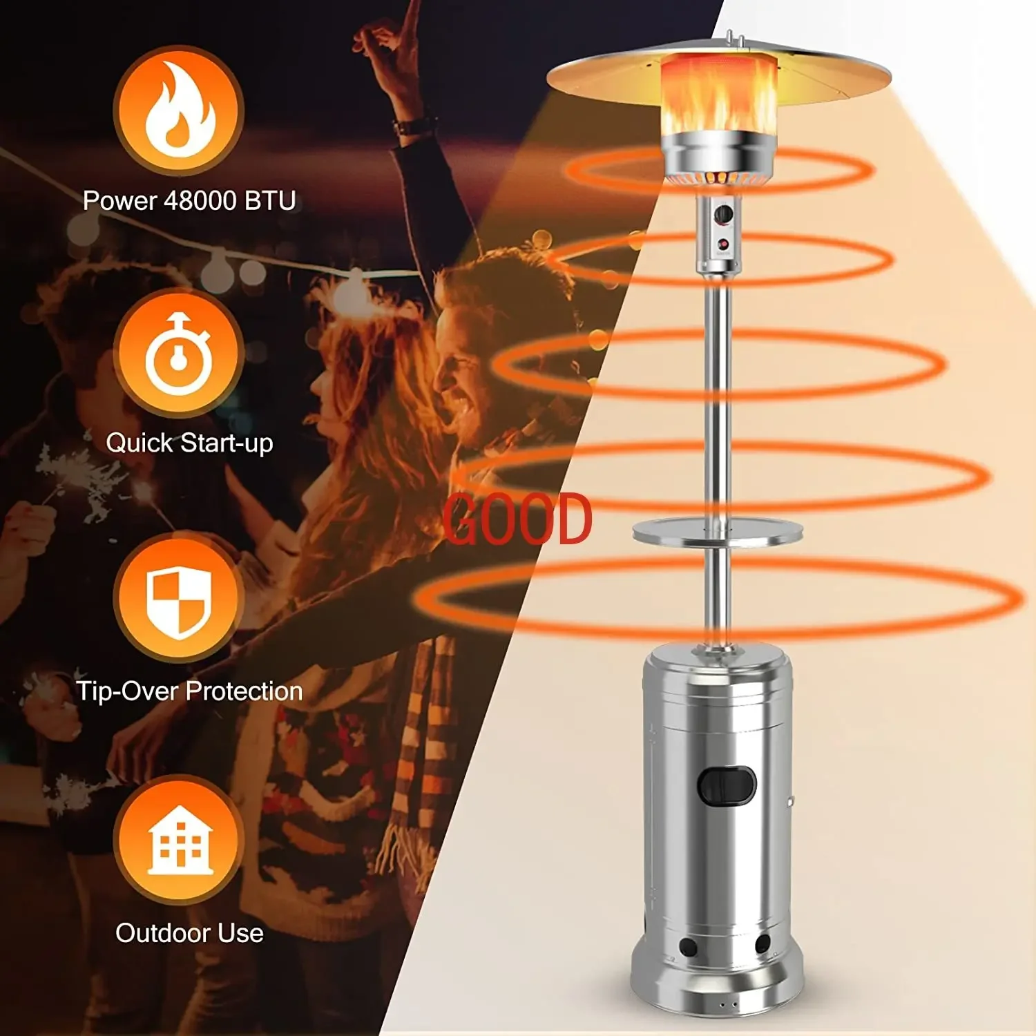 DEFINUO 48000 BTU Лучший уличный пропановый обогреватель, с регулируемой по высоте полкой, столешницей и колесами, заводской в Китае
