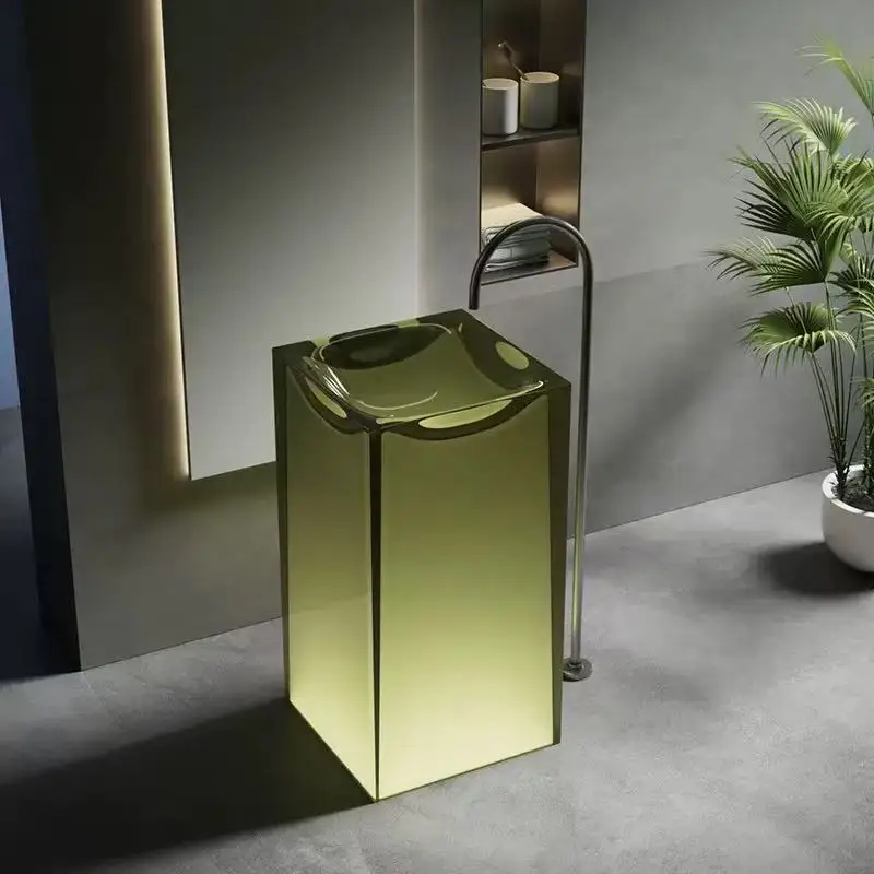 

Crystal Clear Resin Transparent One Piece Basin and Pedestal Bathroom Sink Clear Round Wash Basin for Bathroom