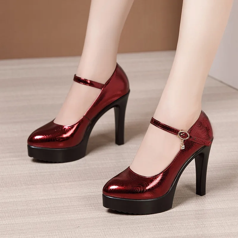 Lady Pumps Pointed Toe Office Work Shoes Buckle Strap Platform High Heels Women Shoes Four Season Patent Leather Shoes Size32-43