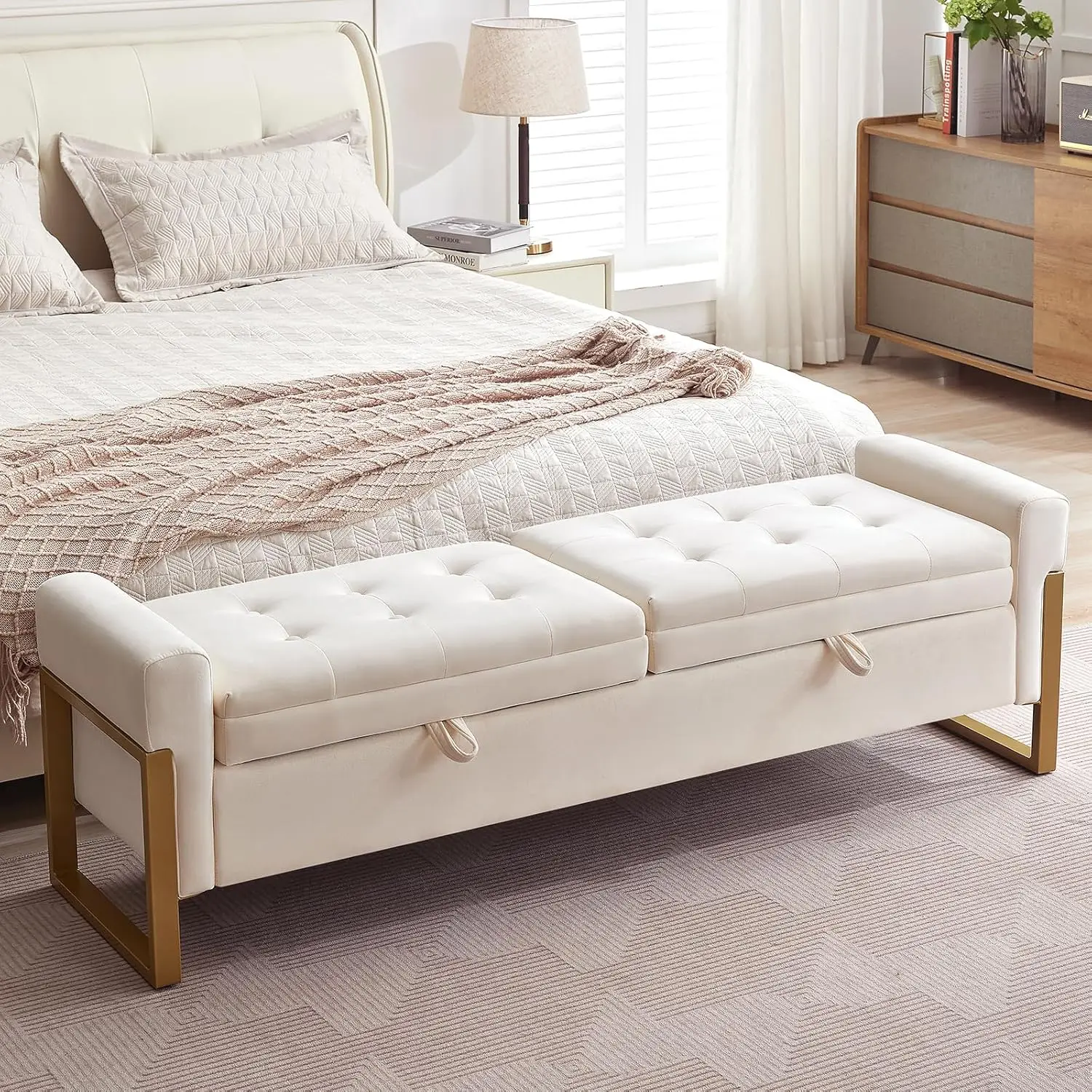 of Bed Bench King Size, Velvet Storage Bench for Bedroom Foot of Bed, Double Lids Storage Bench with Golden Legs, Uphols