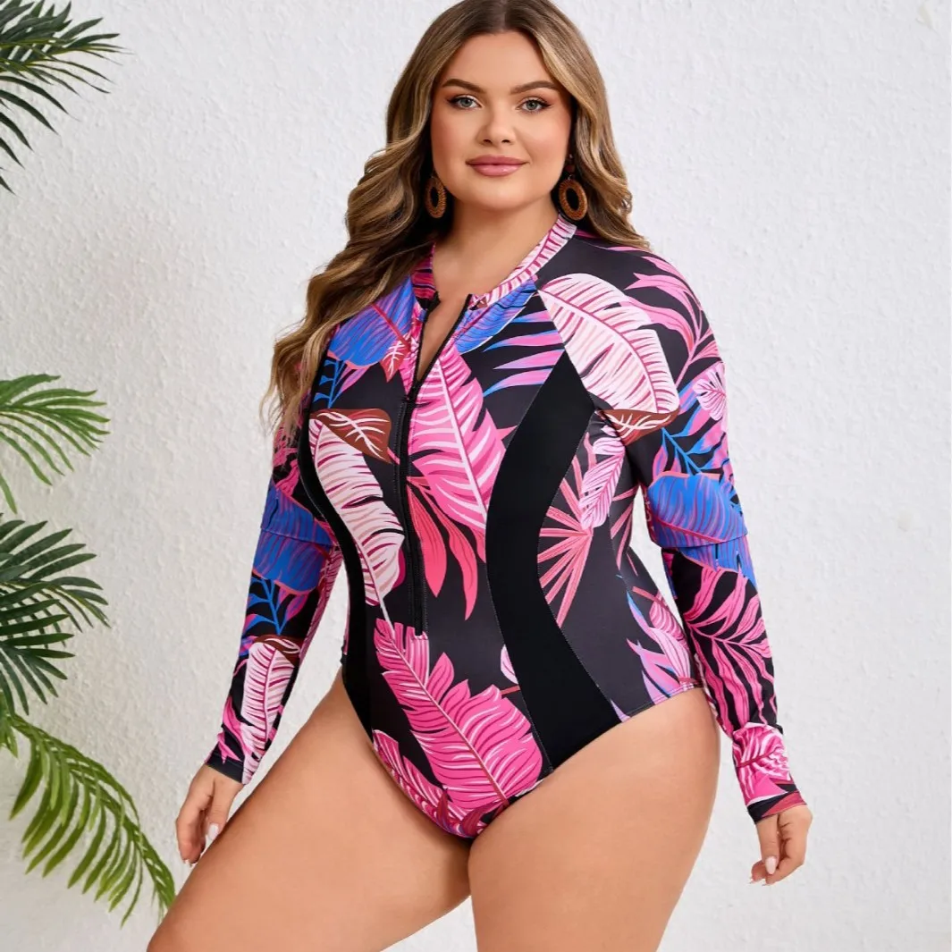 2026 New Plus Size Women Long Sleeve One‑Piece Swimsuit Tropical Palm Leaf Print Front Zip Surfing Rash Guard Bathing Suit
