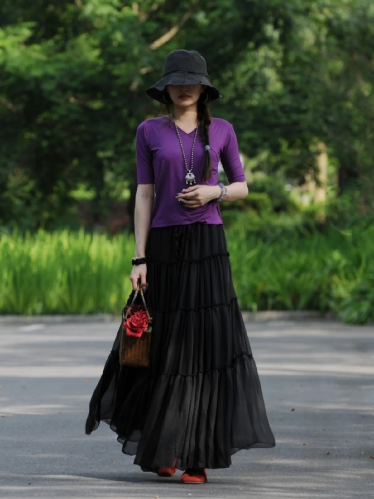 Free Shipping 2024 Fashion Long Chiffon Floral Maxi Boho Skirts For Women Bohemian S-XXL Summer Black High Quality Skirts