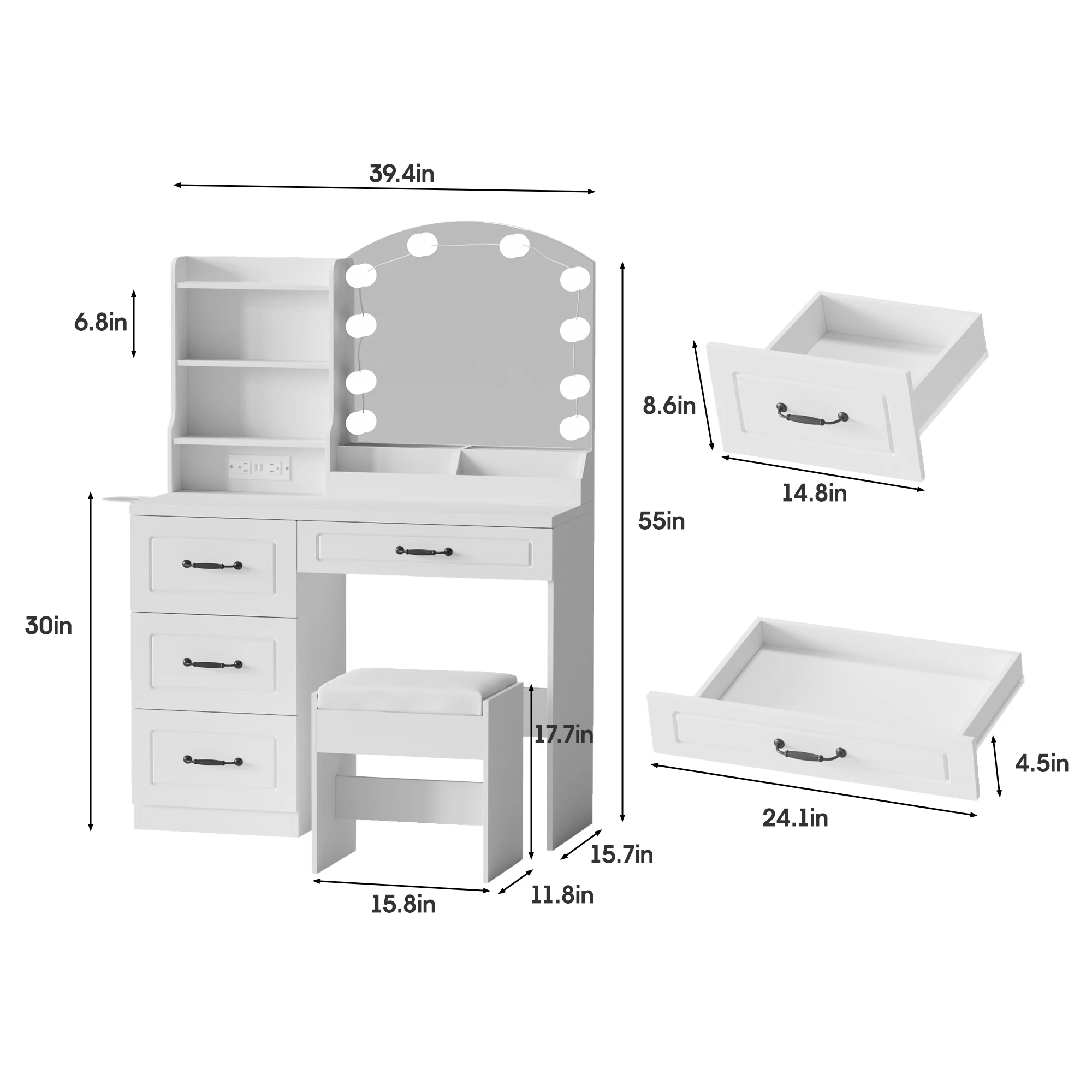 Vabches Tocador con espejo y luces para maquillaje, escritorio con estación de carga y 4 cajones de almacenamiento, juego de tocador blanco para dormitorio