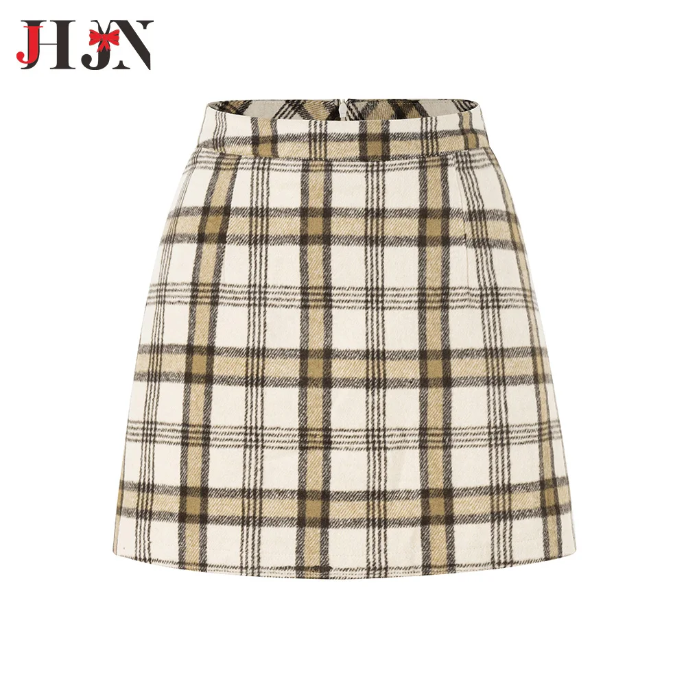 JHJN Women Plaid Mini Skirt Khaki Checked Dress Office Ladies High Waist Dresses Pencil Zipper Short Skirts Slim Girl Bottoms