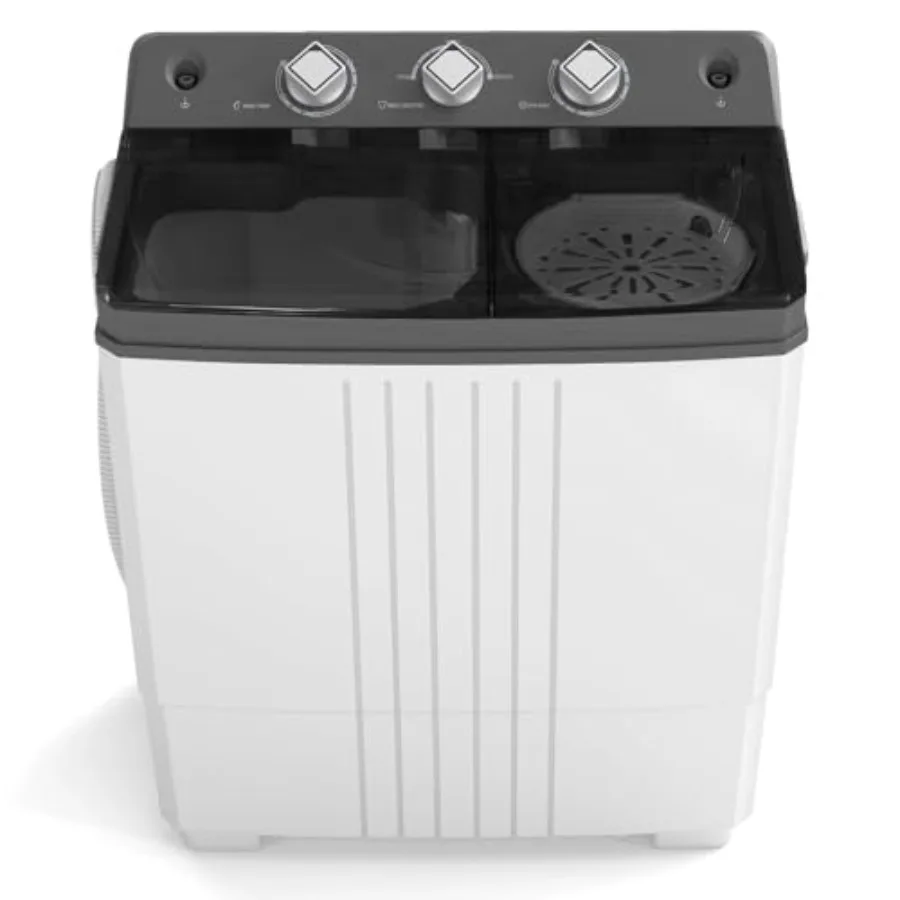 

Portable washing machine for apartment, dorm, RV use; plastic and metal construction; grey and white color; 20 lbs twin tub cap