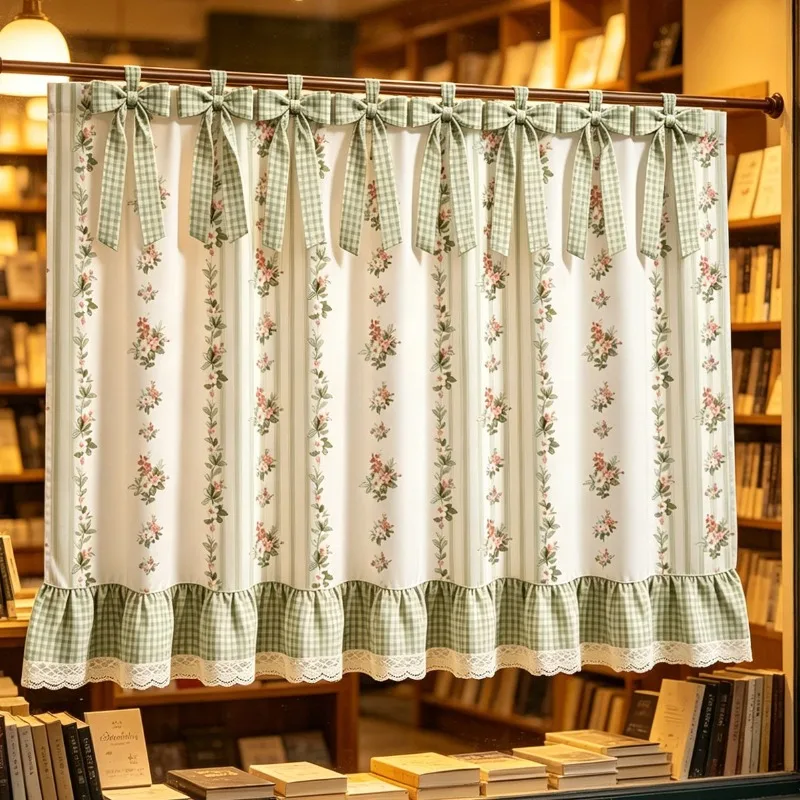 Floral Lace Tier Curtain Oven Skirt Print Oven Door Curtain Vintage Printed Half Curtain for Kitchen Cabinet Window Home Decor