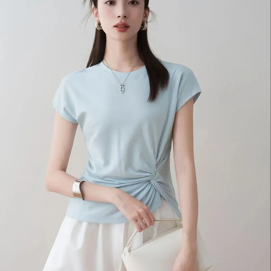 

Short Sleeve Irregular Hem Twist O-Neck 2024 Elegant Fashion T-Shirt Women Summer New Casual Solid Color Short Style Tops