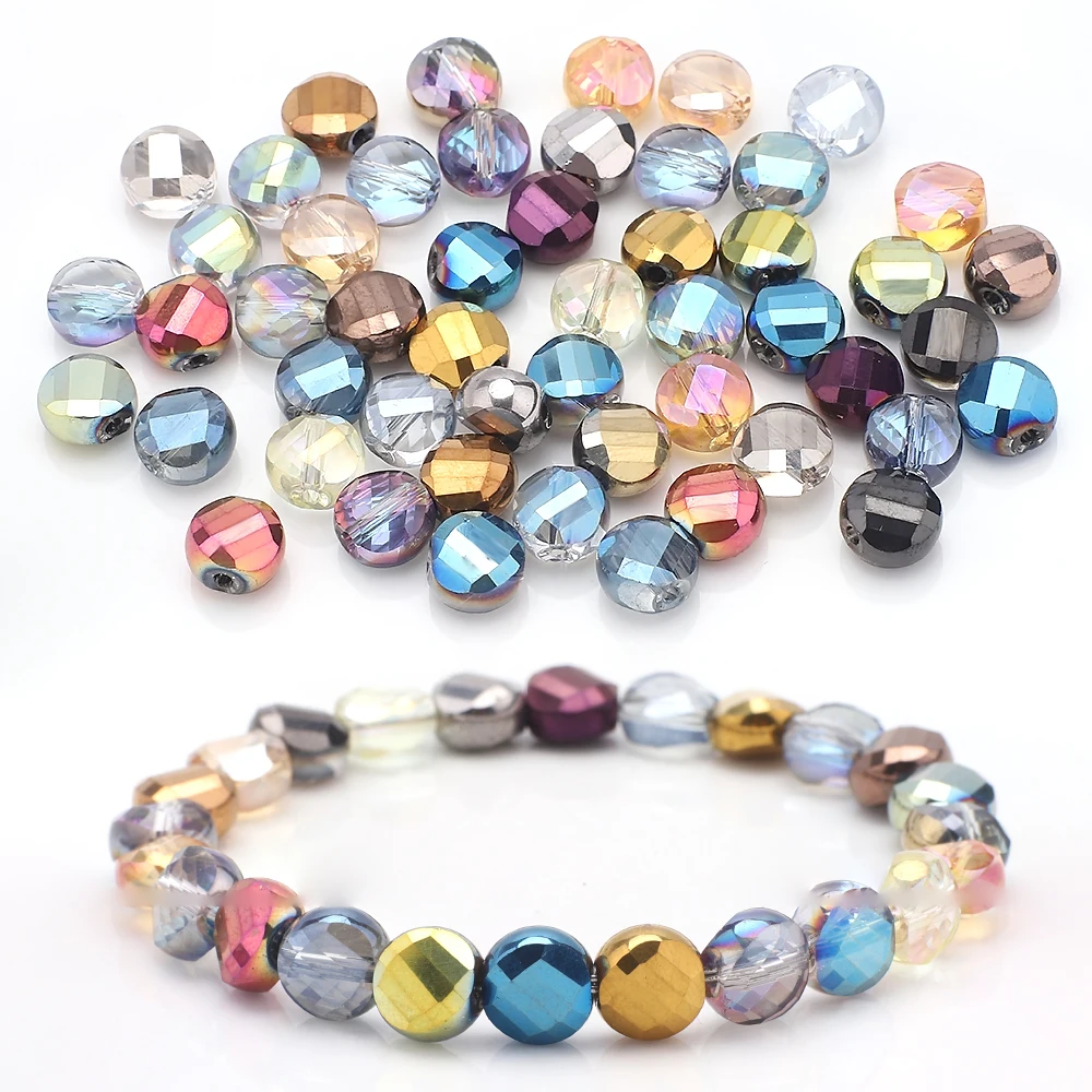 8mm 30 stücke Galvanik Schneiden Oberfläche Runde flache Mittlere loch Glas Perlen Facettiert Für Schmuck Machen DIY Armband Zubehör