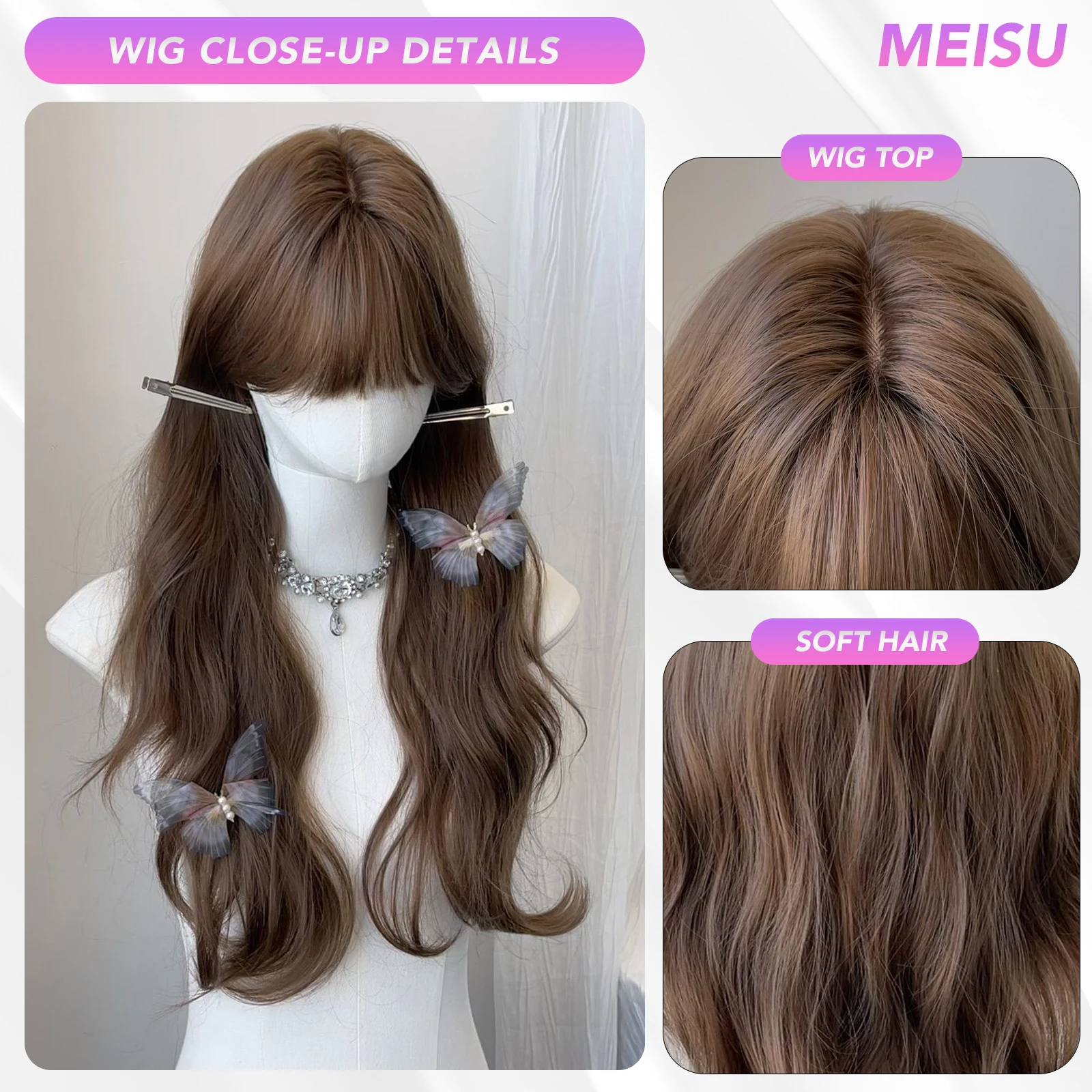 MEISU 26 Inch Curly Wave Bangs Wig Brown Synthetic Fiber Layered Hair Heat-Resistant Natural Smooth Extend Hair Selfie Party
