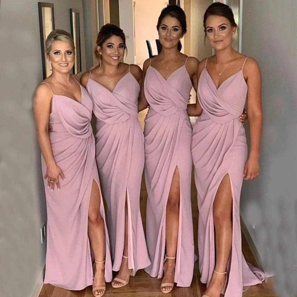 

Angelsbridep Pink Chiffon Spaghetti Straps V-Neck Bridesmaid Dresses Zipper Back Side Split Mermaid Wedding Party Gowns