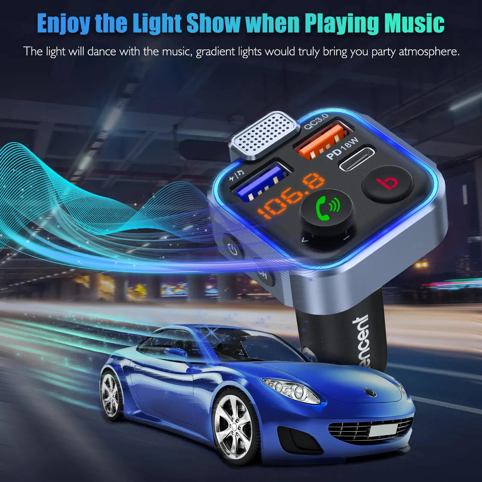 LENCENT pemancar FM nirkabel, perlengkapan Audio pemutar MP3 mobil Handsfree Bluetooth 5.0 dengan Modulator FM USB cepat tipe-c PD 20W + QC3.0