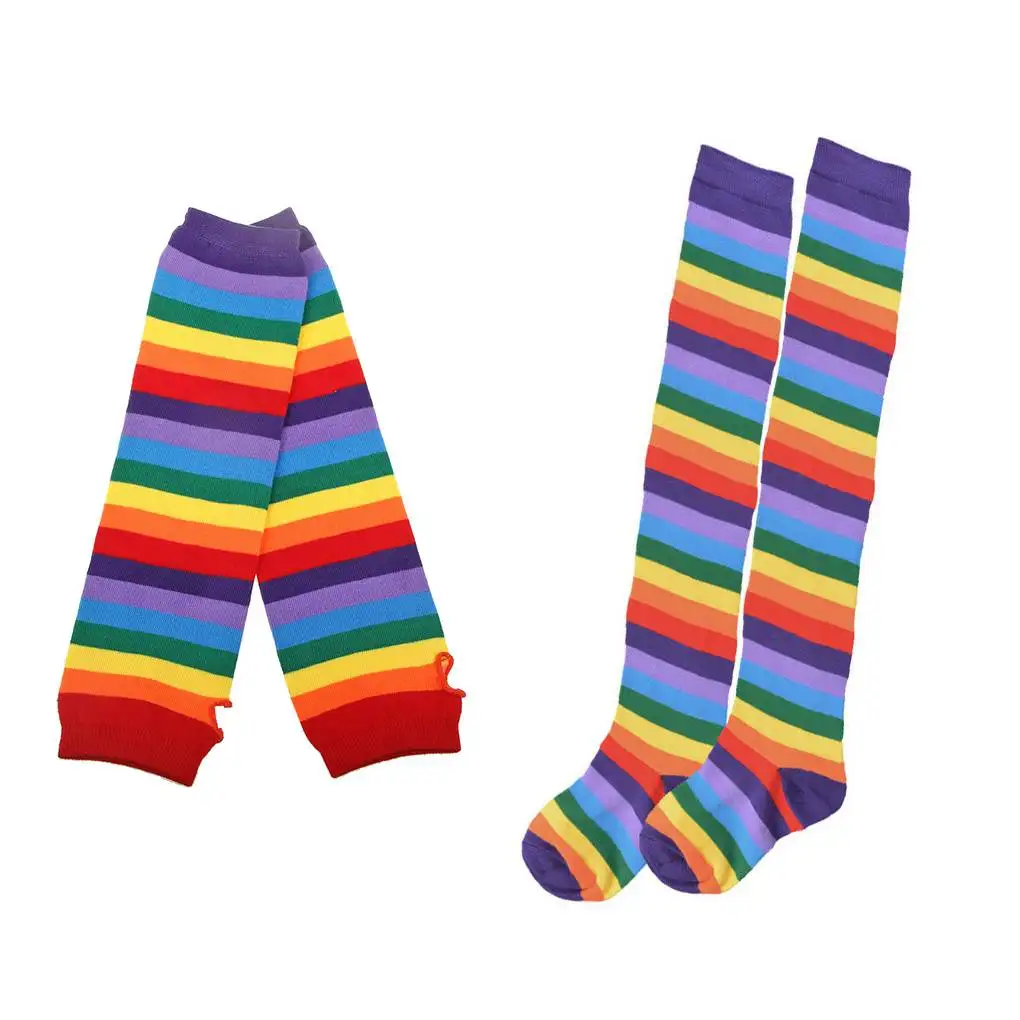 

2 Sets Women Girl Colorful Rainbow Striped Long Gloves Socks Warmer Arm Fingerless Knit Mittens Sockings