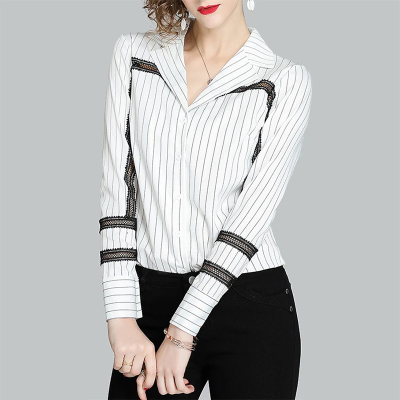 Fashion Striped Spliced Long Sleeve Shirts Women Sexy Hollow Out Black Lace Blouses 2025 Summer Basic All-Match Office Slim Tops