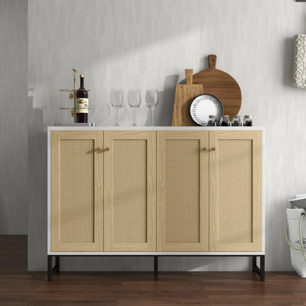 خزانة تخزين جانبية من Panana مزينة بالروطان بأربعة أبواب لغرفة الطعام وطاولة بوفيه للمطبخ قائم بذاته (Wh)